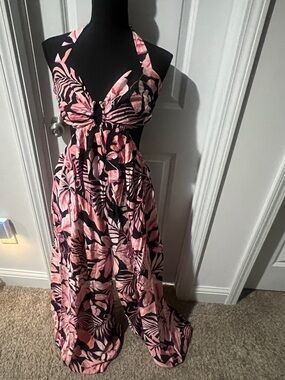 Women's Pink & Black Halter Pants Jumpsuit - Floral Print